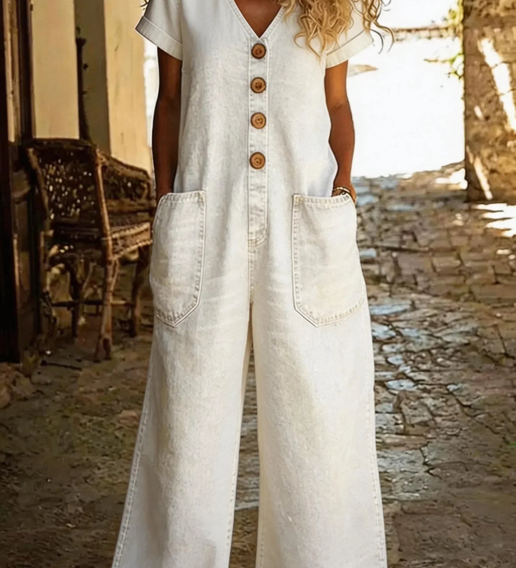 Denise - Denim-jumpsuit med V-hals og Korte Ærmer