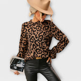 Kayla - Leopardmønstret Bluse med Foldet Krave