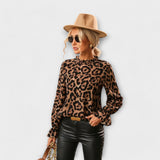 Kayla - Leopardmønstret Bluse med Foldet Krave