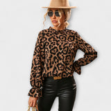 Kayla - Leopardmønstret Bluse med Foldet Krave