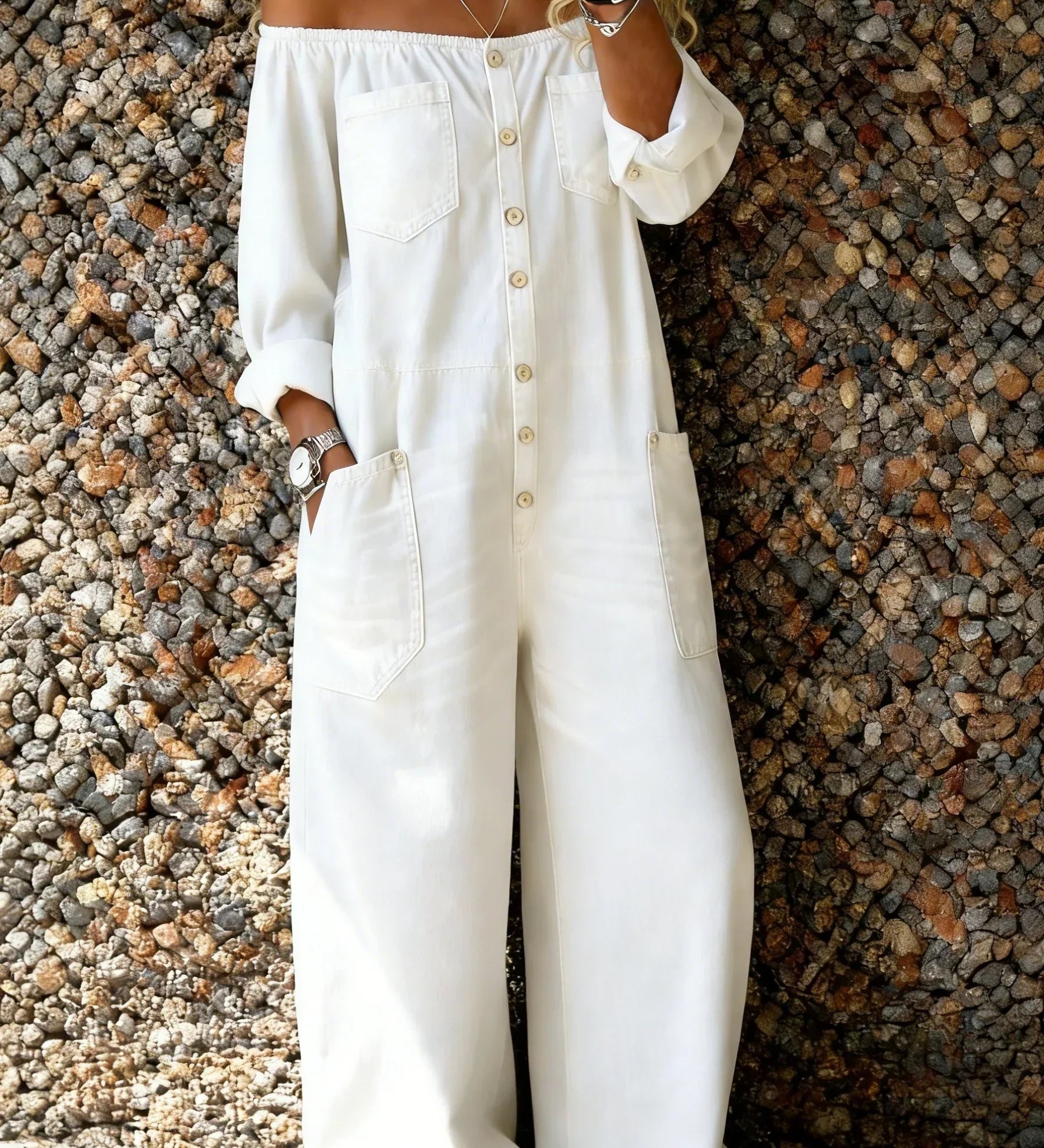Noa - Denim-jumpsuit med Off-shoulder Udskæring