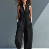 Claudia - Minimalistisk Ærmeløs Hørjumpsuit med Høj Krave og Knapper