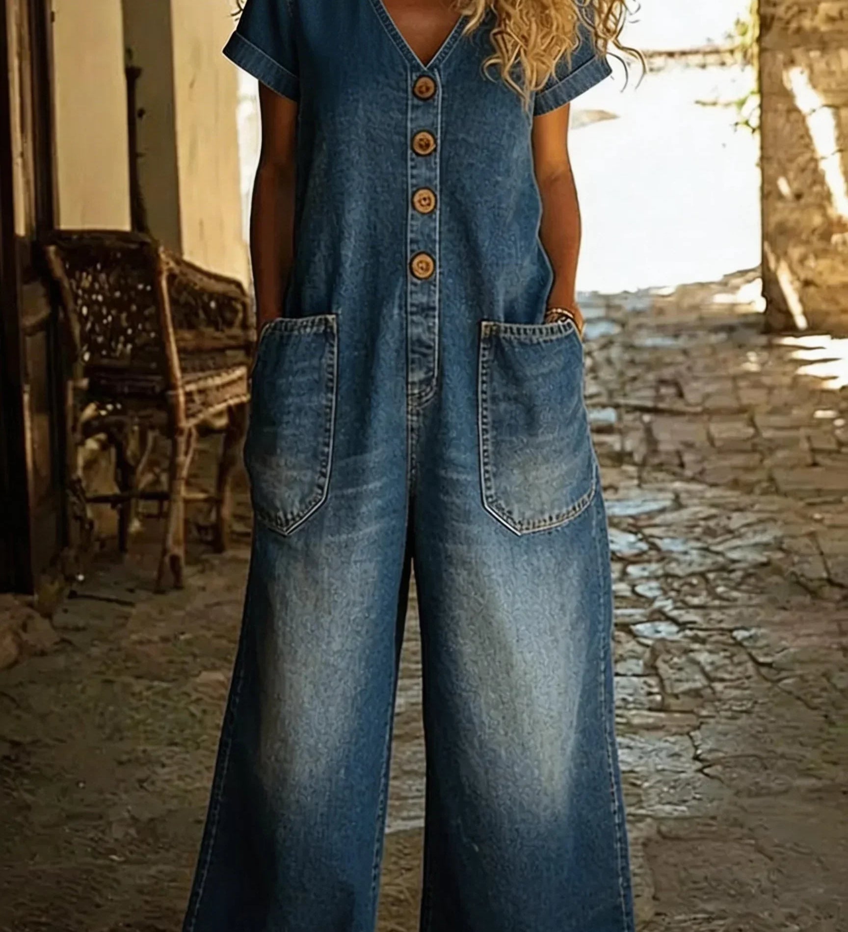Denise - Denim-jumpsuit med V-hals og Korte Ærmer