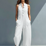 Claudia - Minimalistisk Ærmeløs Hørjumpsuit med Høj Krave og Knapper