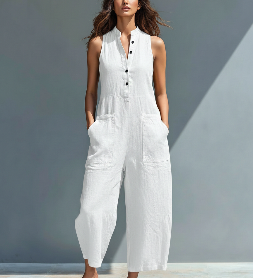 Claudia - Minimalistisk Ærmeløs Hørjumpsuit med Høj Krave og Knapper