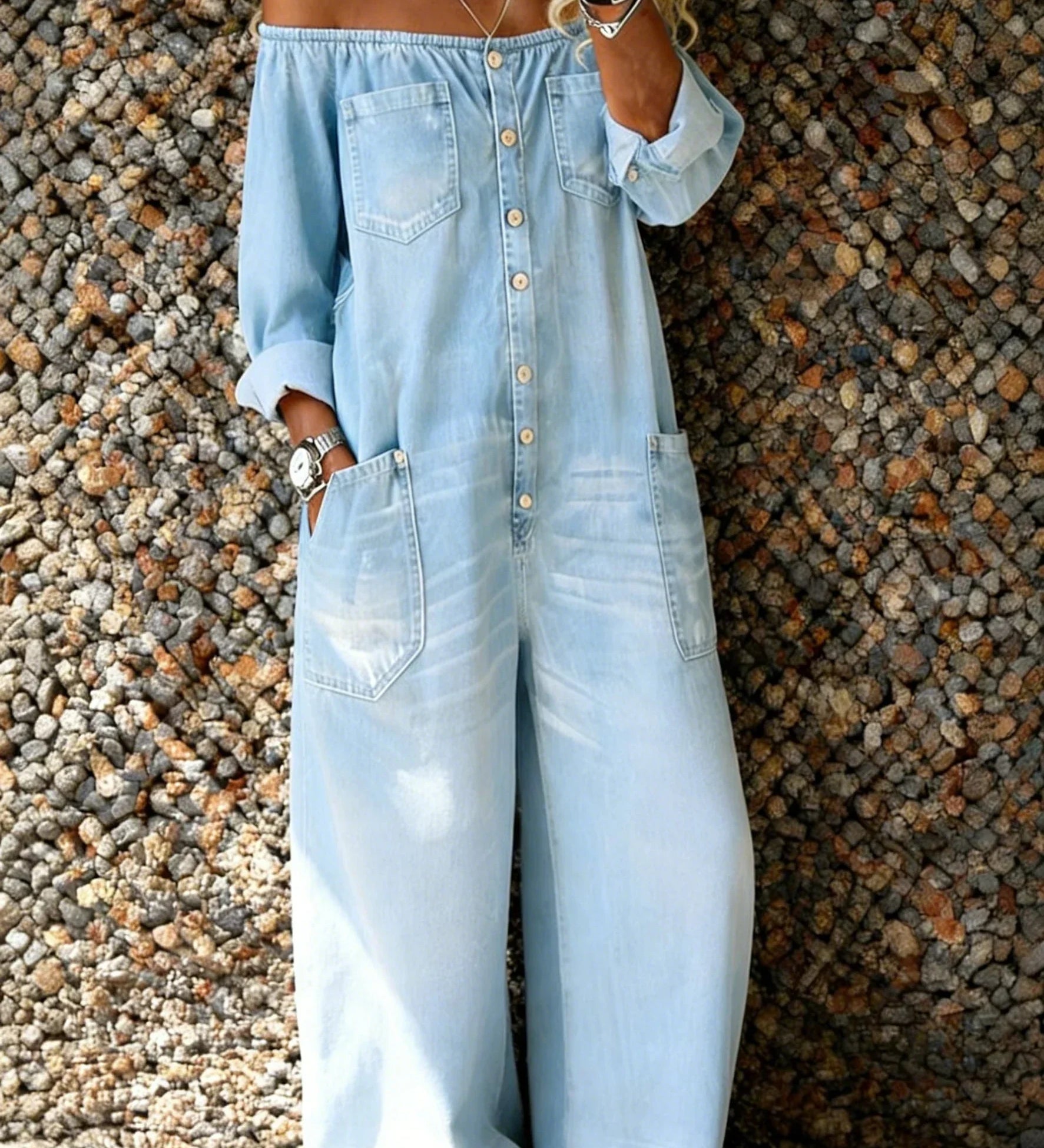 Noa - Denim-jumpsuit med Off-shoulder Udskæring