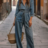 Nadia - Denim-jumpsuit med Bæltestropper og Lange Ærmer