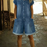 Elvora - Denim-jumpsuit med Krave og Korte Ærmer