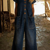 Denise - Denim-jumpsuit med V-hals og Korte Ærmer