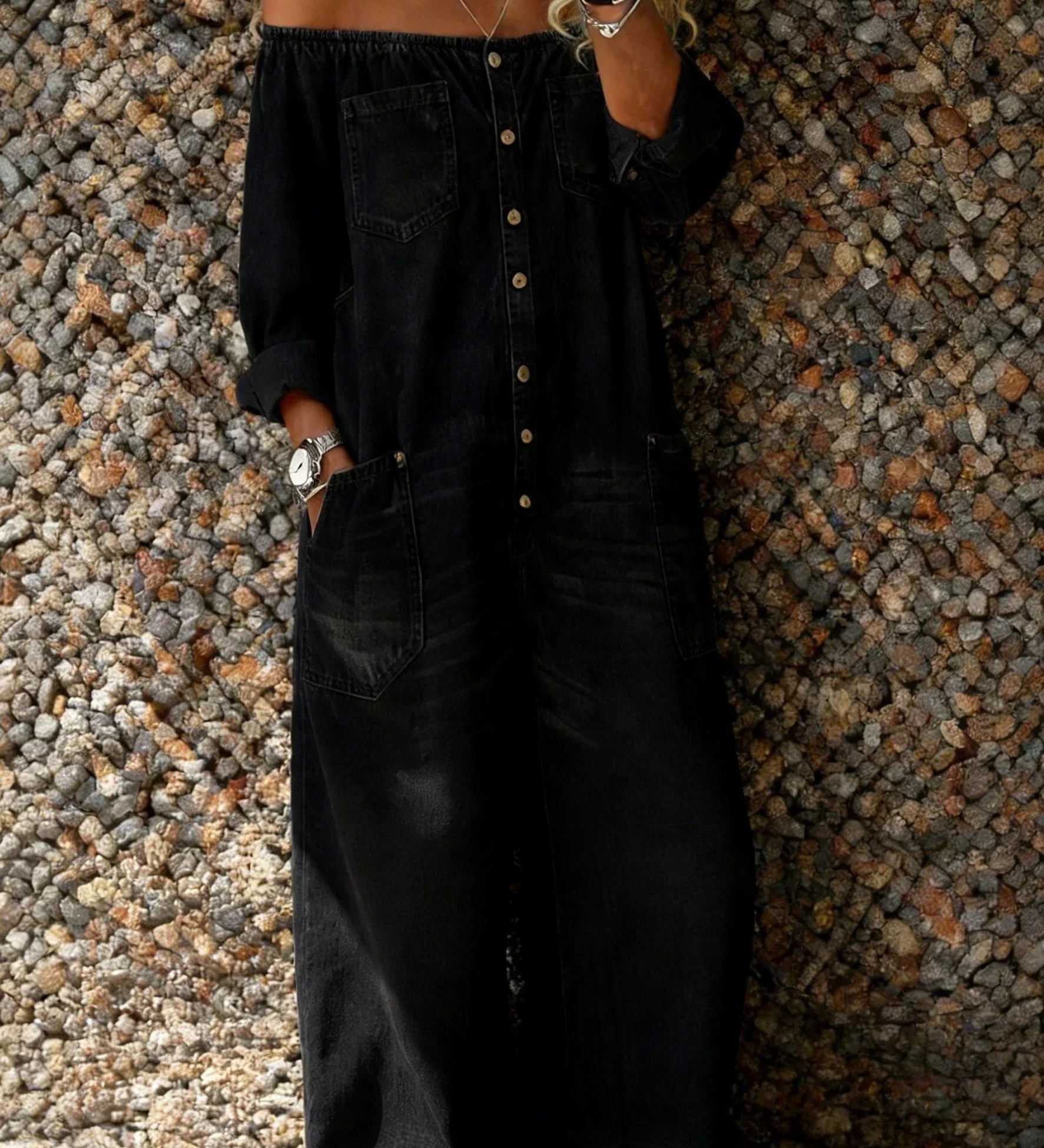 Noa - Denim-jumpsuit med Off-shoulder Udskæring