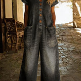 Denise - Denim-jumpsuit med V-hals og Korte Ærmer