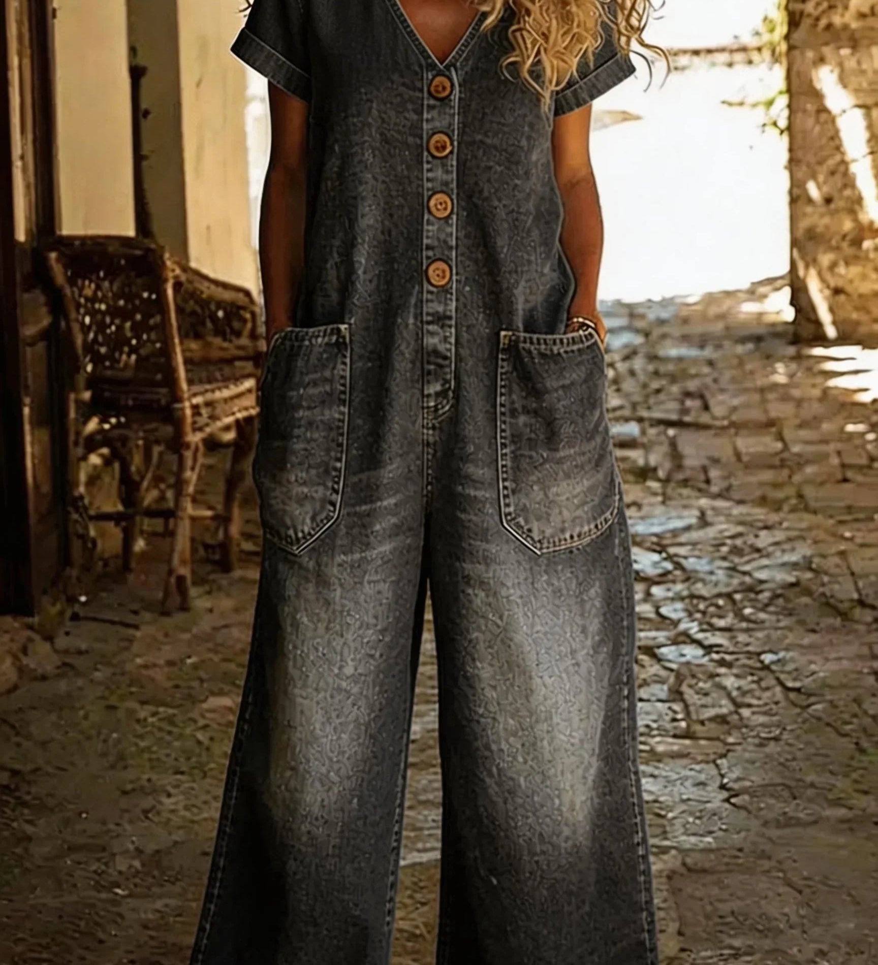 Denise - Denim-jumpsuit med V-hals og Korte Ærmer