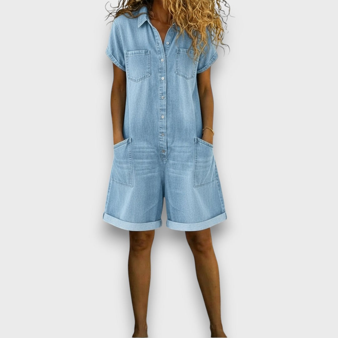 Tina - Vintage Bomulds-jumpsuit med Denimmønster